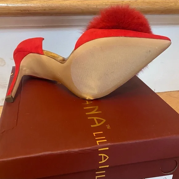 Red Selina High Heel Stiletto with Rabbit Fur Pom Pom by Liliana Size 8 - Picture 4 of 5